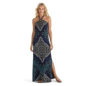 White House black market halter neck bohemian print side slit maxi dress